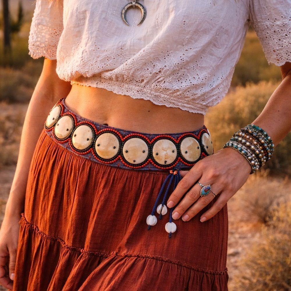 Hand crafted Mexican beaded and Stone fabric wide tie belt red black Vintage